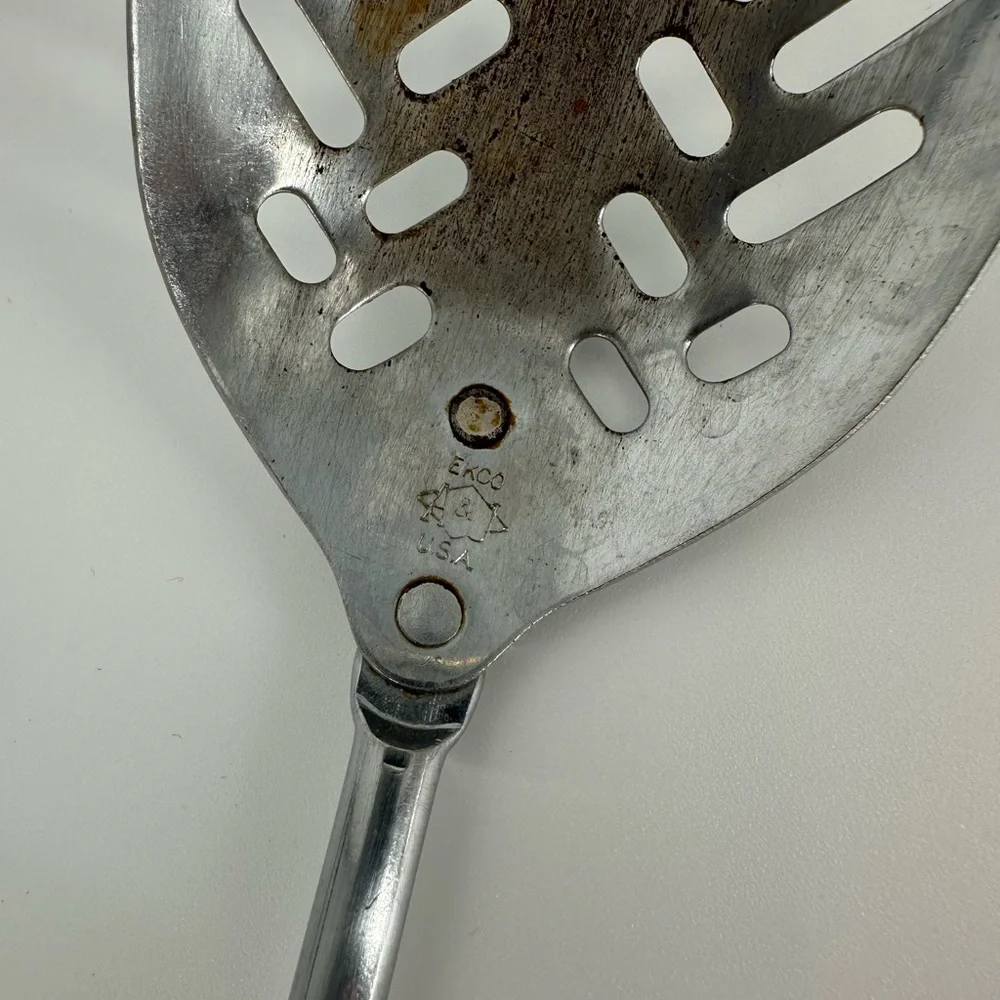 Vintage Ekco Slotted Spoon Approximately 12 inch Wooden Handle Chrome Plated
